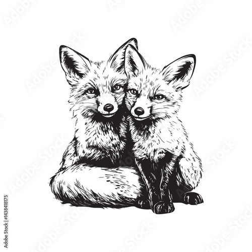 Hand drawn illustration a pair of foxes - fox head sketch