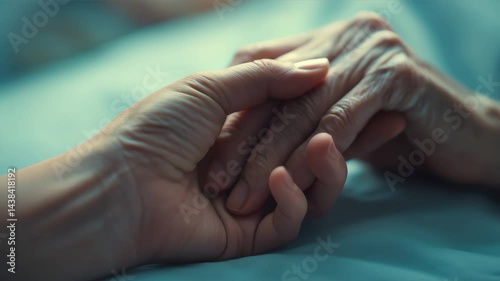 Young hand holding old hand on bed, helping caring for elderly, end of life support, aging people assistance