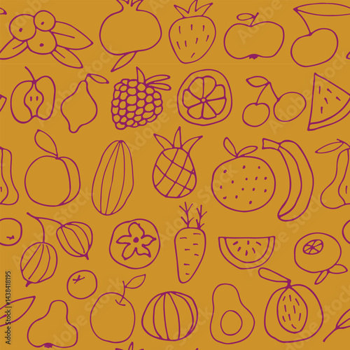 delicious juicy fruits seamless pattern. Bright seamless background for your design. Wrapping paper, textiles, wallpaper. Healthy food. Food doodle. Vector illustration.