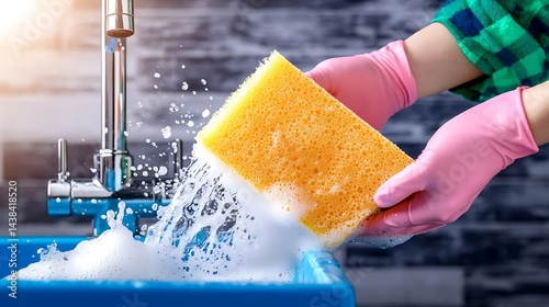 Person squeezing sponge in sink, water splashing Cleanliness, tidiness is key