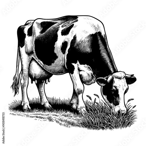 Dairy cow sketch engraving black and white outline. Scratch board imitation.  illustrated in vintage line art style on a white background.