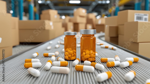 Two amber pill bottles with orange and white capsules scattered on conveyor belt in warehouse setting, surrounded by cardboard boxes