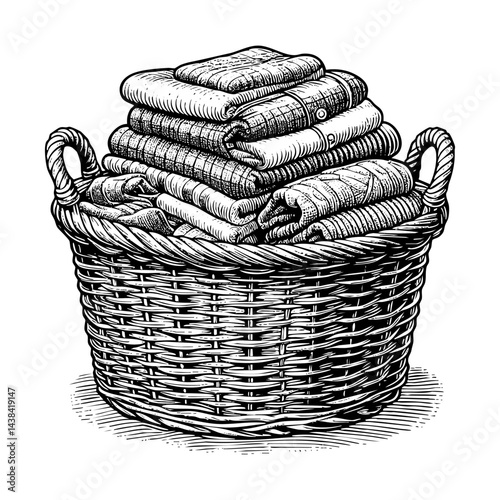Wicker basket filled with folded clothes sketch engraving black and white outline. Scratch board imitation.