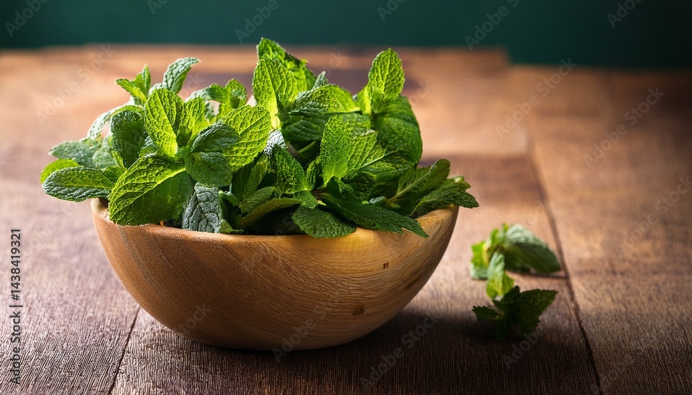 fresh mint in a wooden bowl fresh mint in a wooden bowl