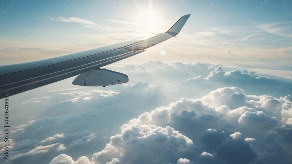 Airplane wing soaring through clouds under a bright sun Airplane wing soaring through clouds under a bright sun