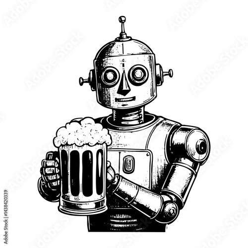 robot holding a glasses of beer full of foam engraving black and white outline. Scratch board imitation.
