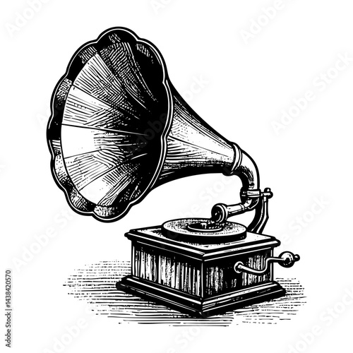 Gramophone sketch engraving black and white outline. Scratch board imitation.  illustrated in vintage line art style on a white background.