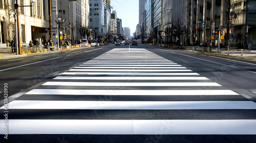 Urban crosswalk view showcasing clear lines and nearby street activity in a bustling city environment : Generative AI