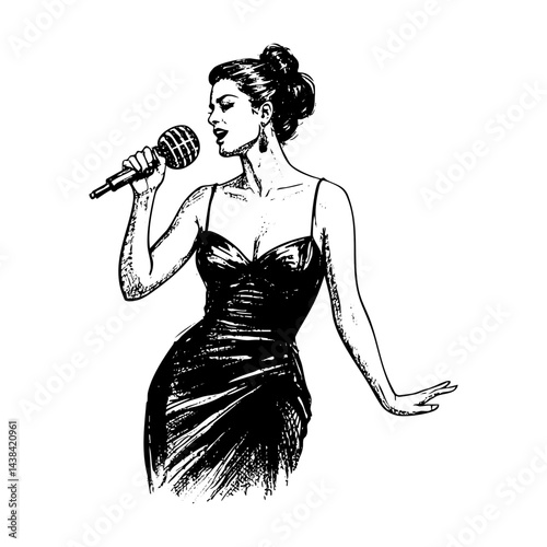 Woman singer sketch engraving black and white outline. Scratch board imitation.