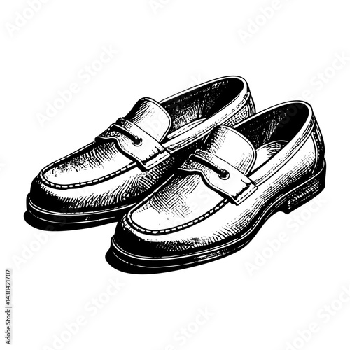 Pair of shoe loafer sketch engraving black and white outline. Scratch board imitation.  illustrated in vintage line art style on a white background.
