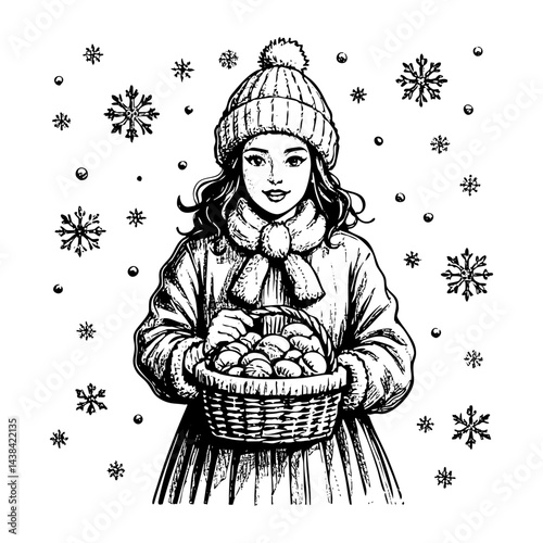 Woman wear winter clothes bring easter egg sketch engraving black and white outline. Scratch board imitation.