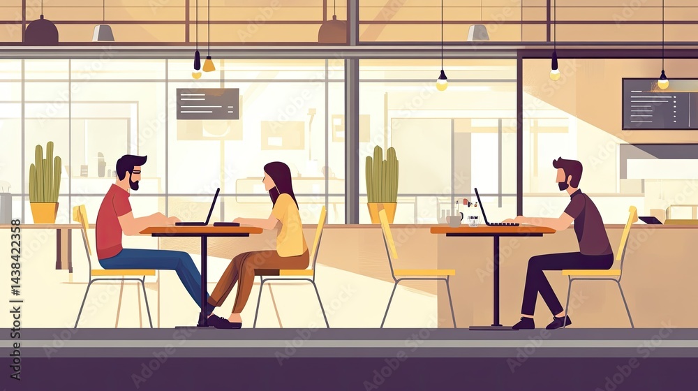 Two people sit in a modern café booth, engaged in conversation over a laptop. Two people sit in a modern café booth, engaged in conversation over a laptop.
