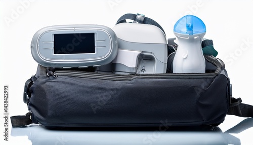 cpap portable cpap machine laying in traveling bag ready for a trip white background
