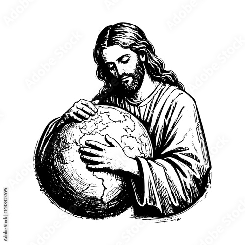 Jesus Christ hug earth sketch engraving black and white outline. Scratch board imitation.
