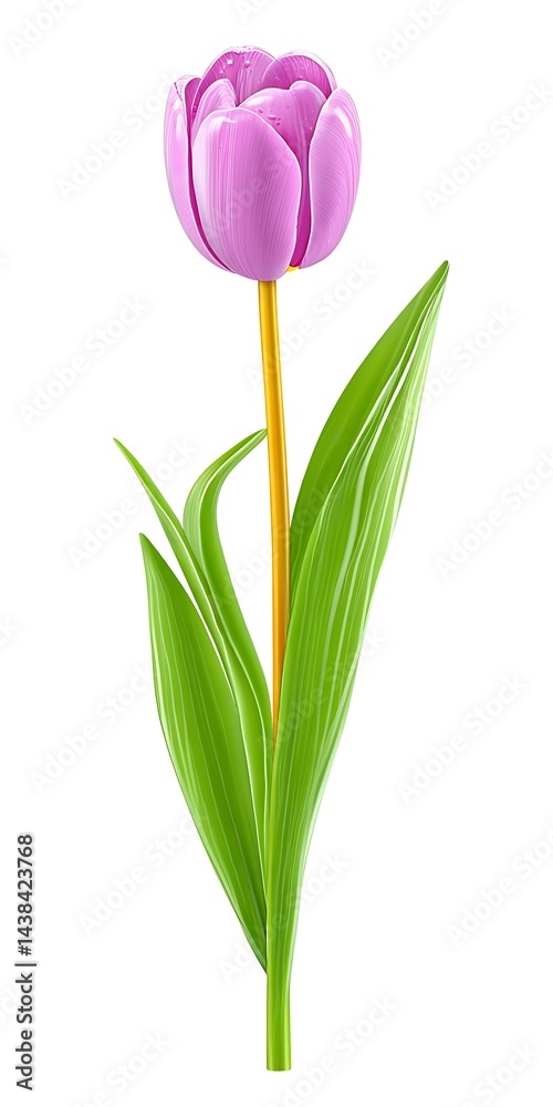 Obraz premium Delicate light pink tulip with vibrant green leaves, isolated on white