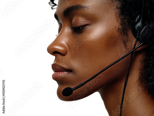 Side profile of young woman with headset in soft lighting and blurred dark background focused on listening and providing professional voice support in customer care