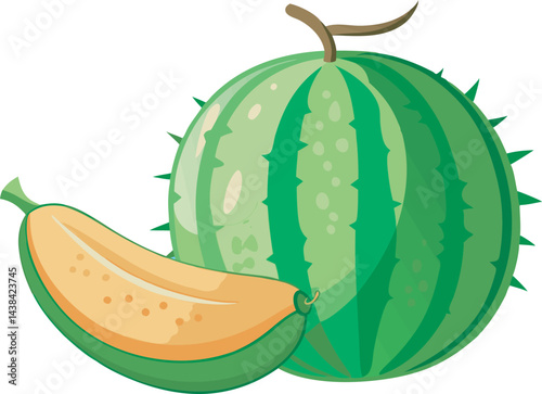 A vibrant vector illustration of a beautiful Pepino melon, showcasing its unique shape, color, and refreshing appeal