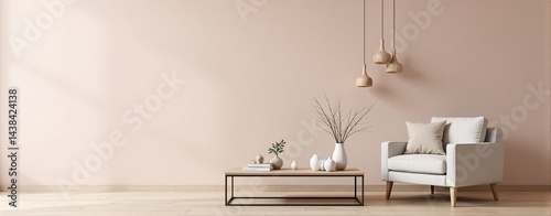 Minimalist living room interior design with light beige armchair and coffee table. Pastel colors and natural elements create calm atmosphere.