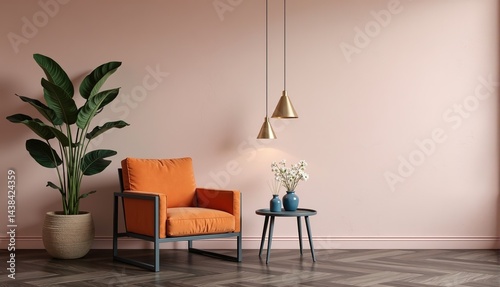 Stylish living room interior with orange armchair, plants and lamps.