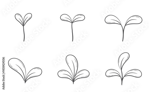 Sprout with rounded leaves line illustration set. Seedling and planting design elements. Isolated vector images