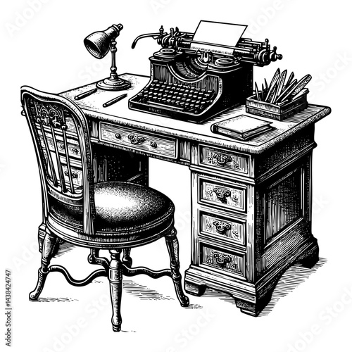 Retro office desk sketch engraving black and white outline. Scratch board imitation.