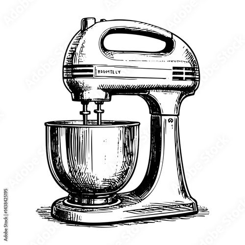 Food mixer sketch engraving black and white outline. Scratch board imitation.  illustrated in vintage line art style on a white background.