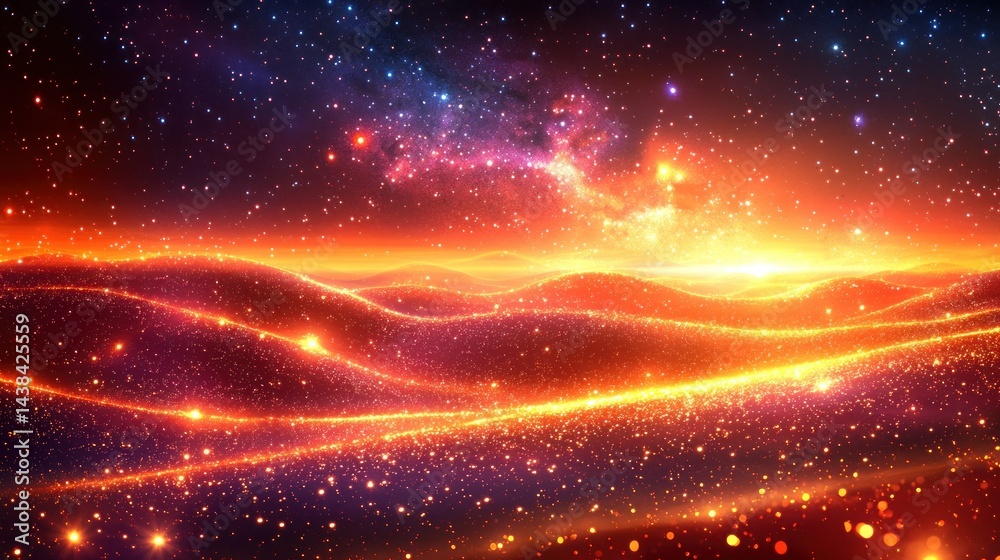 Fototapeta premium Cosmic Landscape Galaxy, stars, and glowing ethereal hills