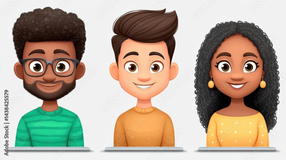 3d illustration of cartoon customer service team characters with various expressions and headset in row against light background for playful business communication concept