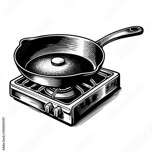 Frying pan sketch engraving black and white outline. Scratch board imitation.