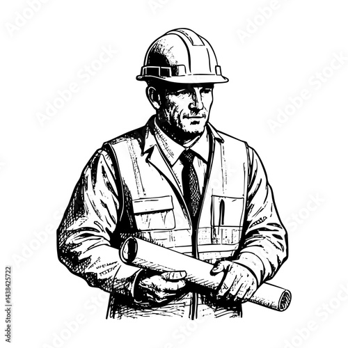 Engineer hold blueprint sketch engraving black and white outline. Scratch board imitation.  illustrated in vintage line art style on a white background.