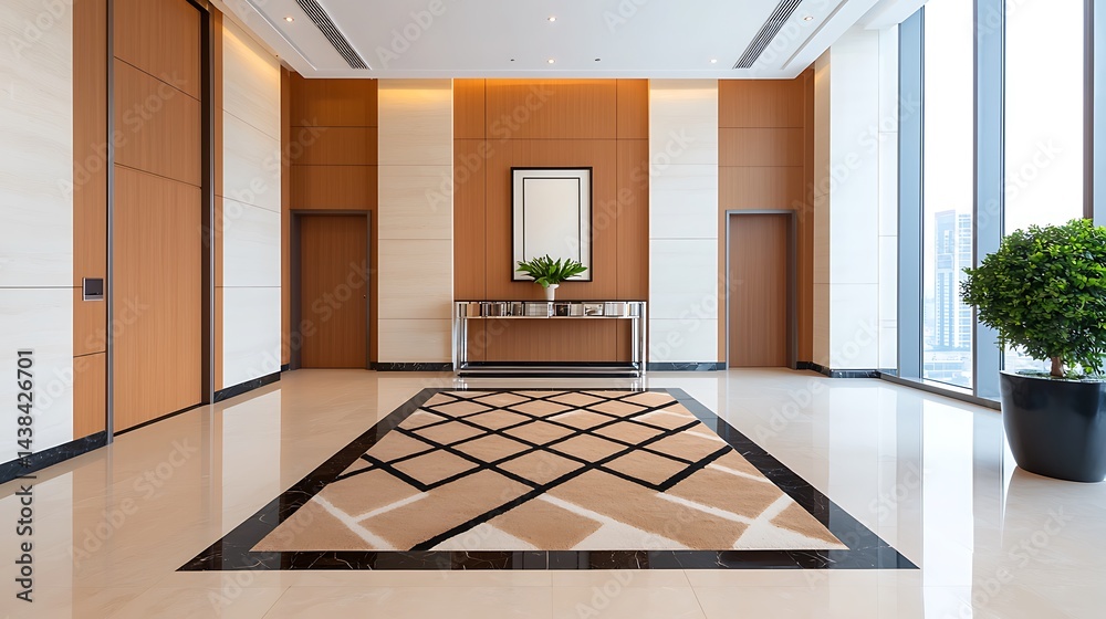 Fototapeta premium Elegant Lobby Interior Design Showcasing Geometric Rug, Wooden Panels, and Bright Window with City Views for Modern Architecture.