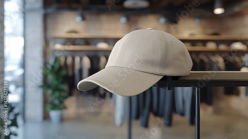 Cap mockup shown hanging on a coat rack in a fashion showroom