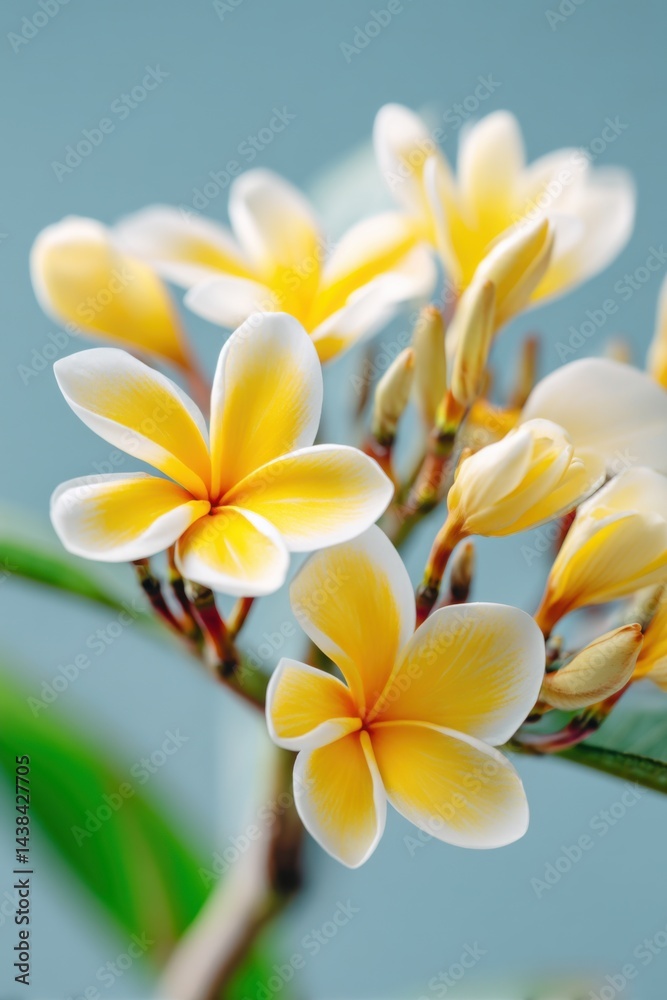 Fototapeta premium Delicate cluster of vibrant yellow plumeria flowers with soft petals and lush green leaves creating a serene tropical atmosphere of beauty and tranquility