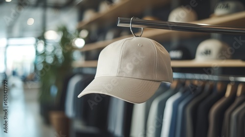 Cap mockup shown hanging on a coat rack in a fashion showroom