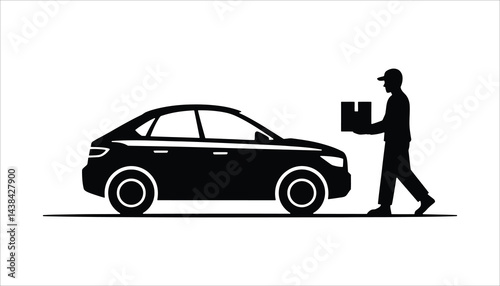 Delivery Man Unloading Package from Car Vector Illustration