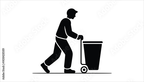 Man Carrying Trash Bin Icon, Waste Disposal Service