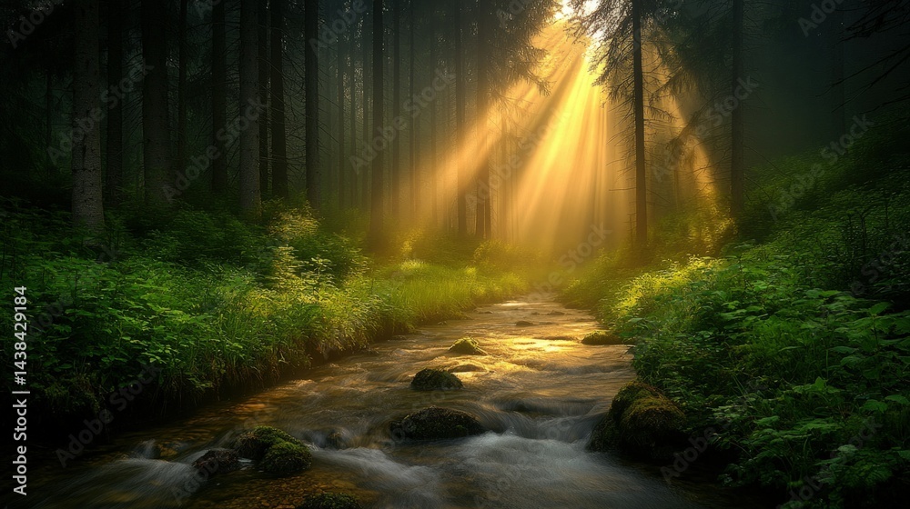 Obraz premium Sundrenched forest stream ethereal glow