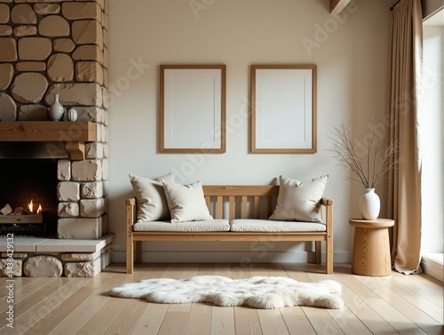 Cozy minimalist living room interior with wooden furniture, fireplace and sheepskin rug.