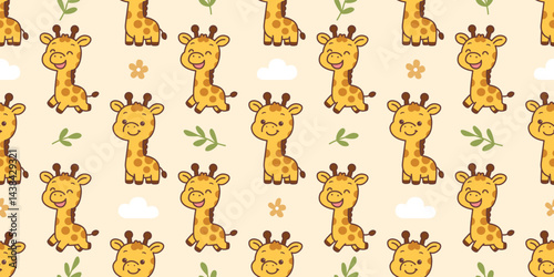 Cute giraffe cartoon seamless pattern, vector illustration