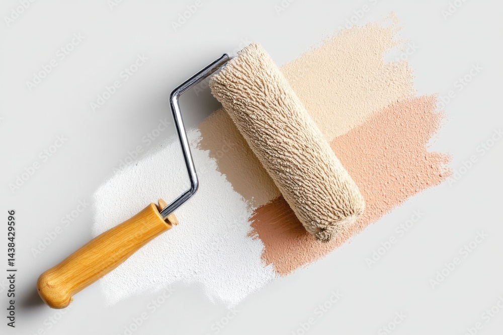Obraz premium Paint roller resting on freshly applied strokes of creamy white, soft beige, and warm peach hues showcasing home renovation and artistic expression in interior design