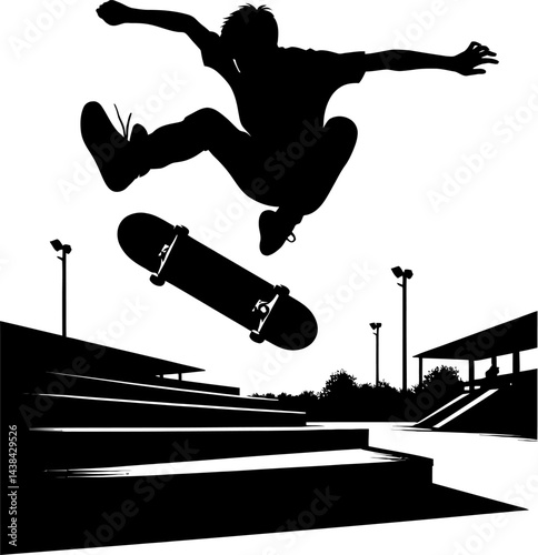 Silhouette of Skateboarder Performing an Ollie over Steps at Skatepark