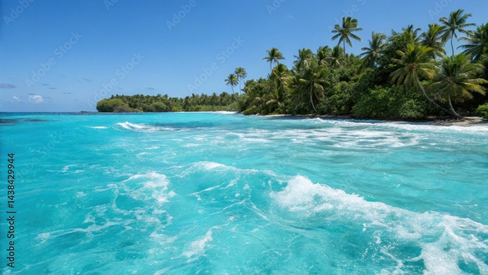 Naklejka premium Tranquil turquoise ocean waves crashing on a white sand beach paradise