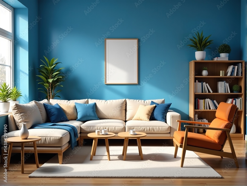 Fototapeta premium Sunny living room interior with beige sofa, orange armchair, wooden furniture, and blue walls.