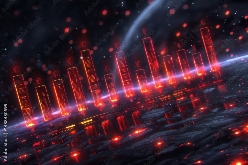 Fototapeta premium Futuristic cityscape with glowing buildings and dark atmosphere.