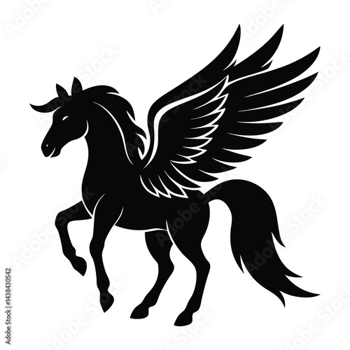 Silhouette of a Flying Pegasus with Majestic Wings in Black Design