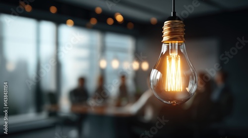 Glowing light bulb in modern office meeting room setting