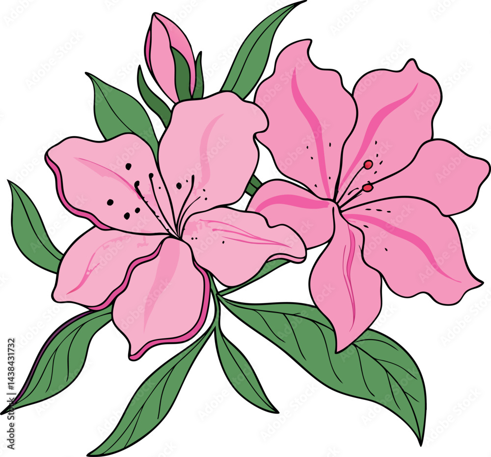 Fototapeta premium Stunning Vibrant Pink Azalea Flowers Vector Illustration with Lush Green Leaves for Elegant Botanical, Floral & Garden Design – Premium Digital Art