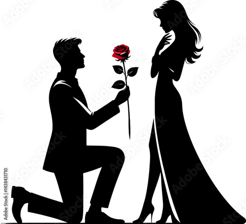 Romantic Silhouette Man Proposing with a Rose to His Beloved
