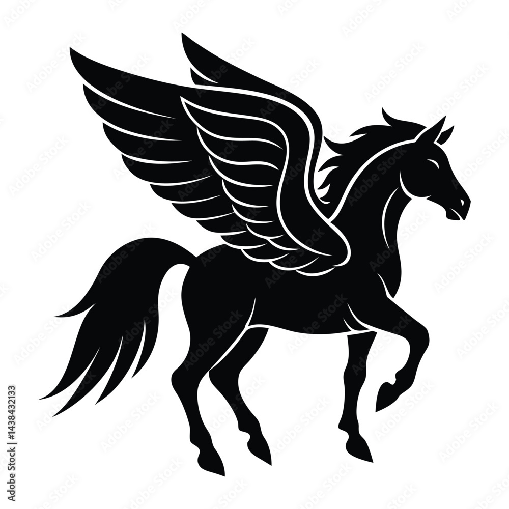 Fototapeta premium Silhouette of a Flying Pegasus with Majestic Wings in Black Design