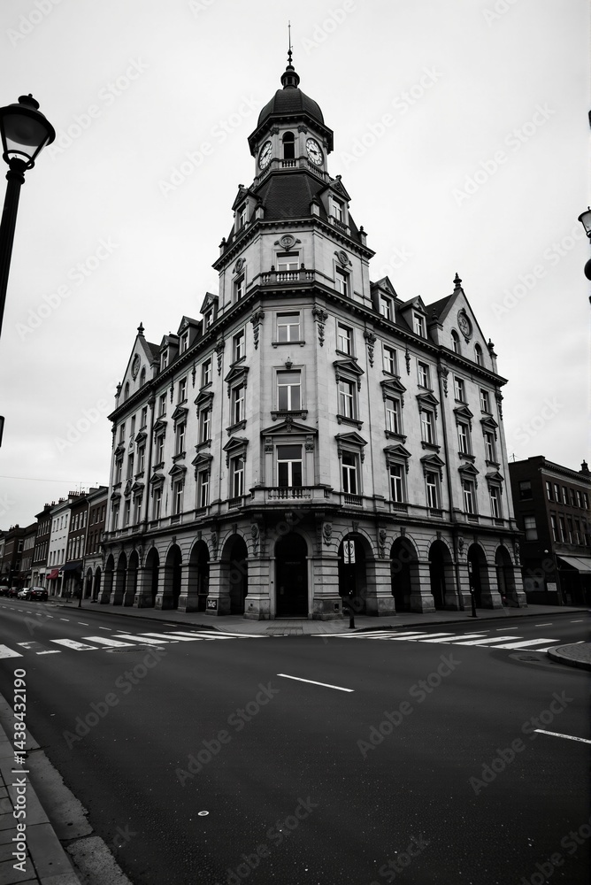 Fototapeta premium A majestic old building with a clock tower stands on a quiet city street. Monochrome photography captures its architectural details.